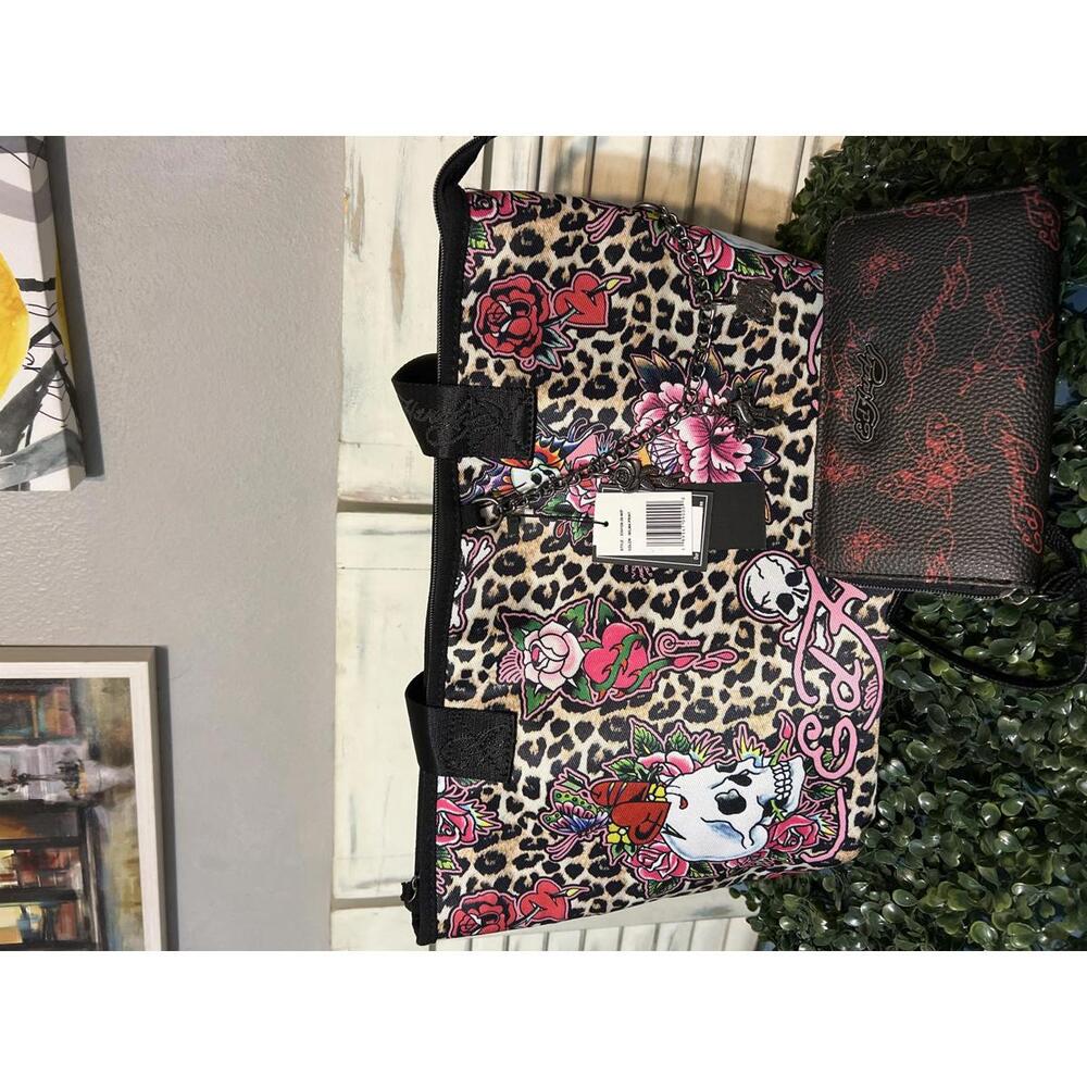 Ed Hardy Leopard Print Tote Handbag Floral Skull & wallet